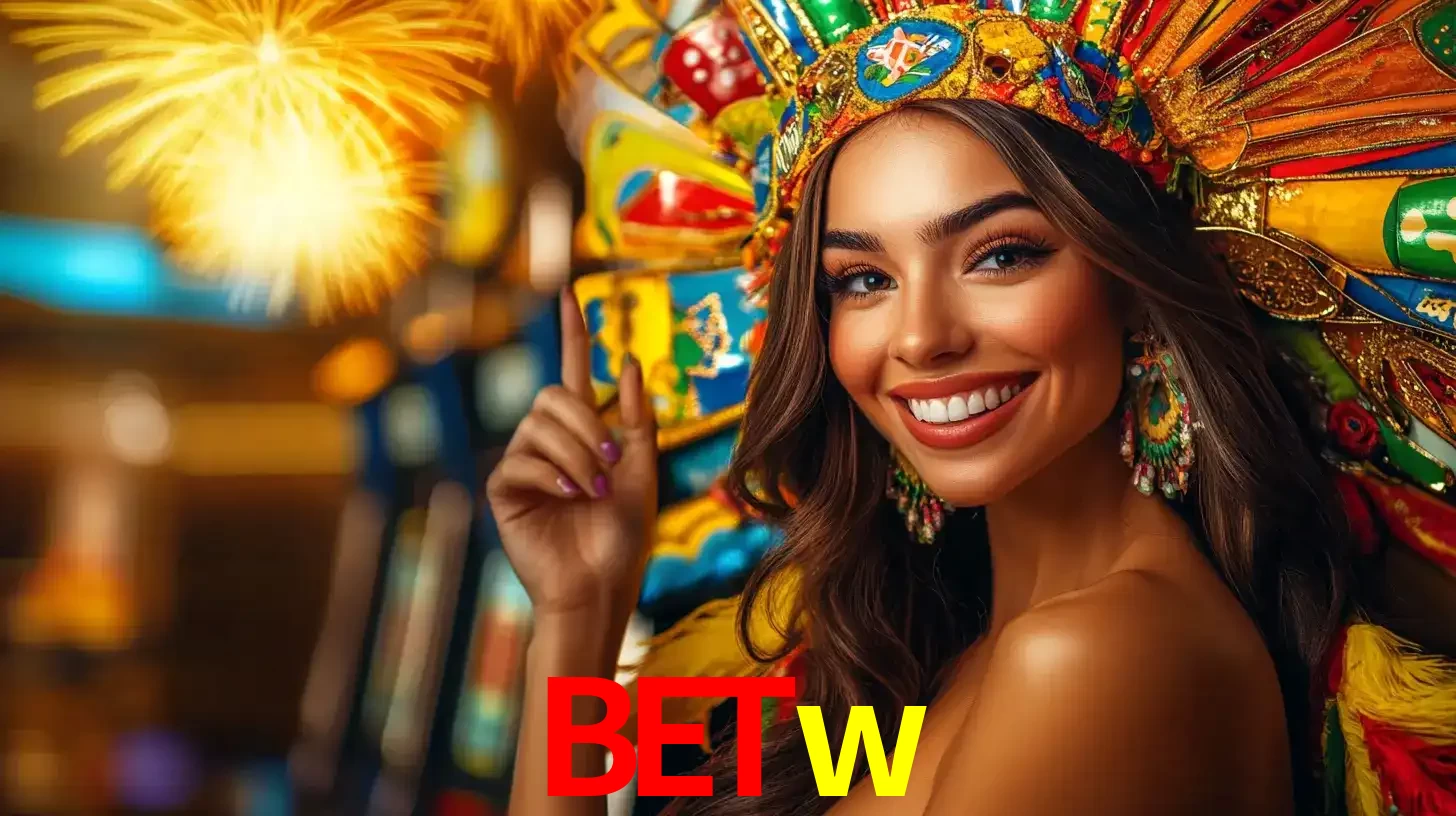 Mulher sorridente com um cocar de carnaval vibrante e colorido, celebrando uma grande vitória nos jogos do cassino betw com fogos de artifício ao fundo.