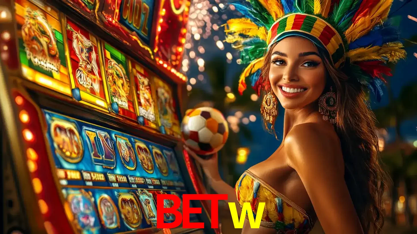 Mulher com um cocar de carnaval ao lado de uma máquina de caça-níqueis enquanto segura uma bola de futebol, mostrando a união da diversão de cassino e esportes no betw.