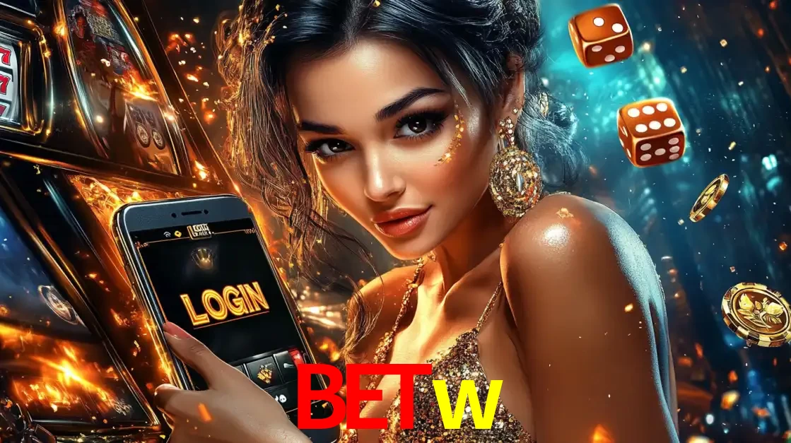 Mulher glamourosa segurando um celular com a tela de login do cassino betw, rodeada por dados e moedas douradas, pronta para começar a diversão.