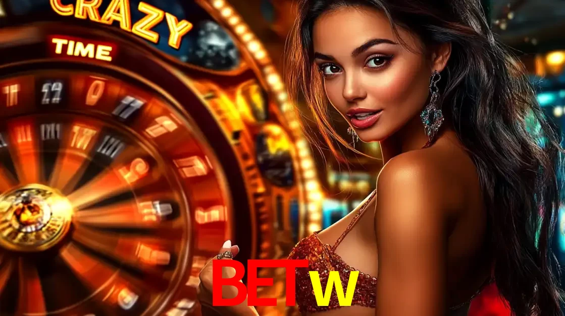Mulher ao lado da roda de prêmios do jogo de cassino ao vivo Crazy Time, um dos shows de jogos mais emocionantes oferecidos pela plataforma de apostas betw.