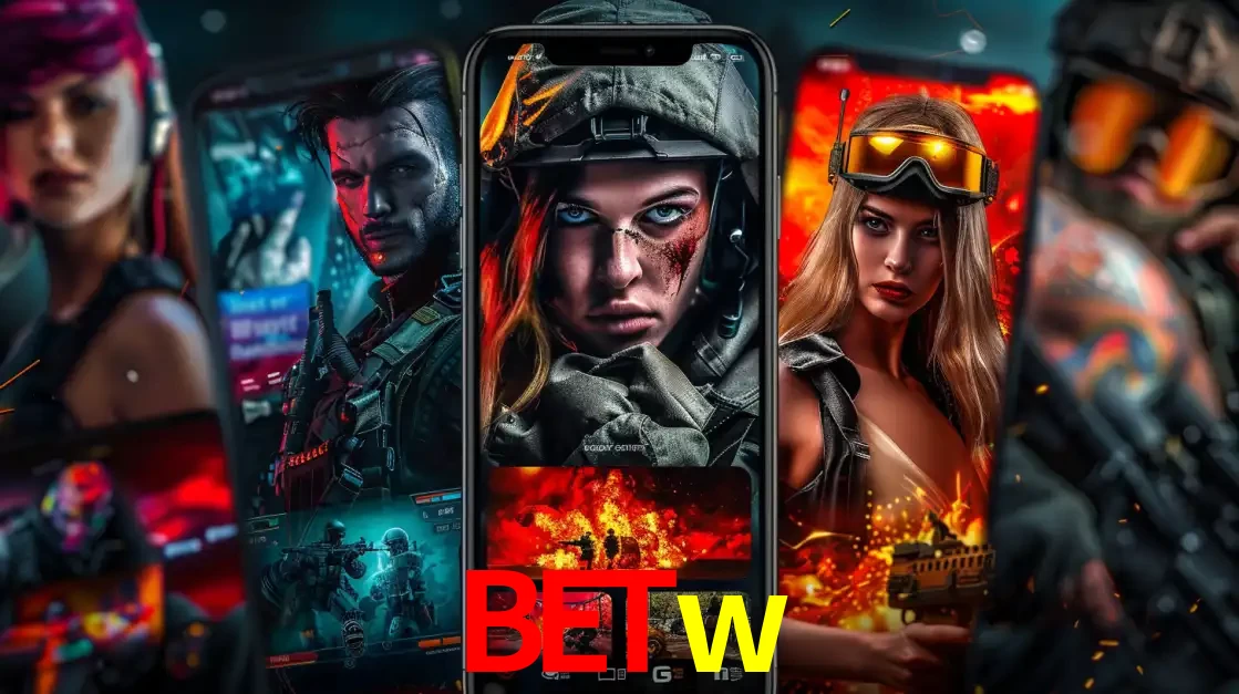 Montagem de telas de celular mostrando diversos personagens, masculinos e femininos, de um jogo de tiro, ilustrando a diversidade de equipes de e-sports para apostar no betw.