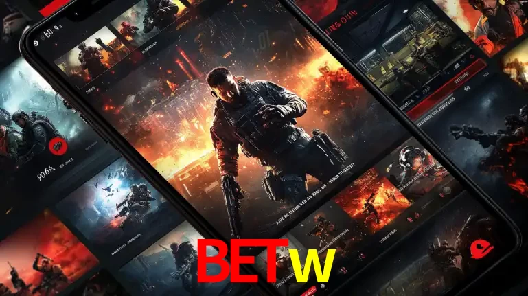 Tela de um celular exibindo uma galeria de jogos de tiro com temática militar, mostrando a variedade de e-sports disponíveis para apostas na plataforma de entretenimento betw.