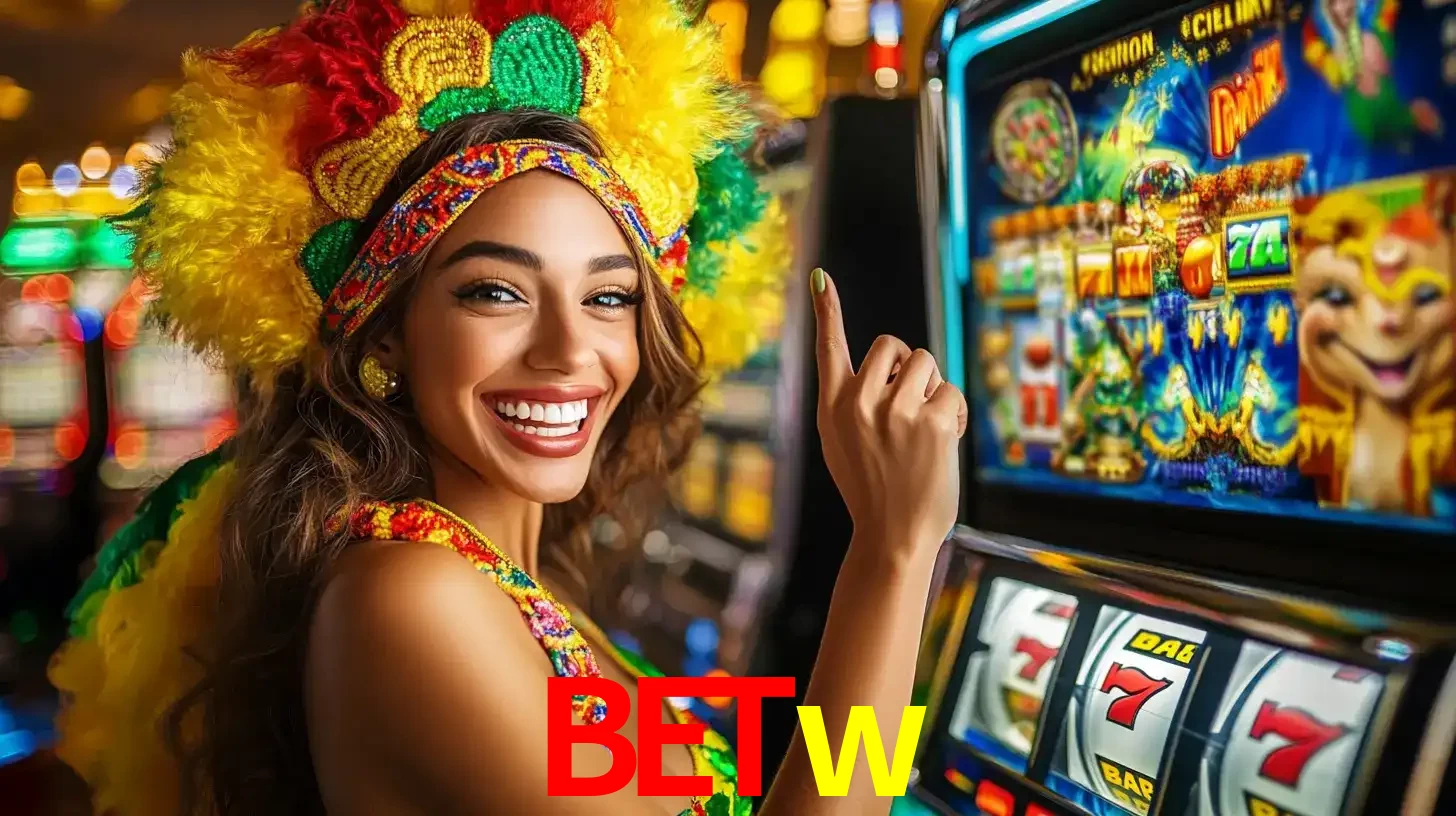 Mulher animada com um cocar de carnaval apontando para uma máquina de caça-níqueis, mostrando a emoção de ganhar um grande prêmio nos jogos do betw.