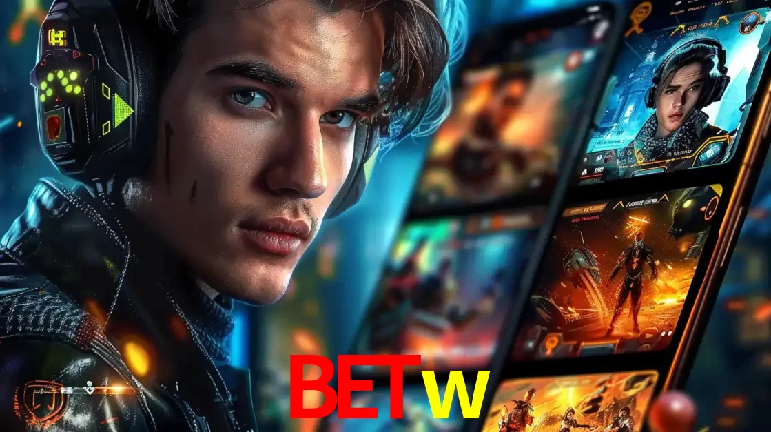 Jovem jogador com fones de ouvido olhando para a câmera, com um aplicativo de jogos e e-sports para celular ao fundo, pronto para a competição e apostas no betw.