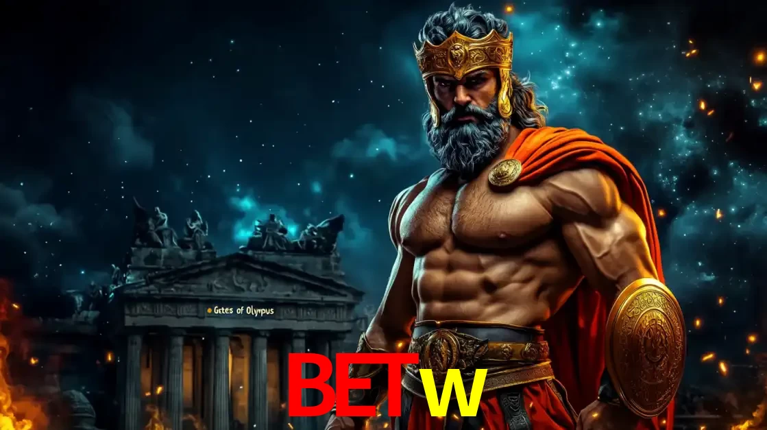 O poderoso Zeus do jogo de slot Gates of Olympus em frente ao seu templo, pronto para lançar multiplicadores divinos e prêmios épicos no cassino online betw.