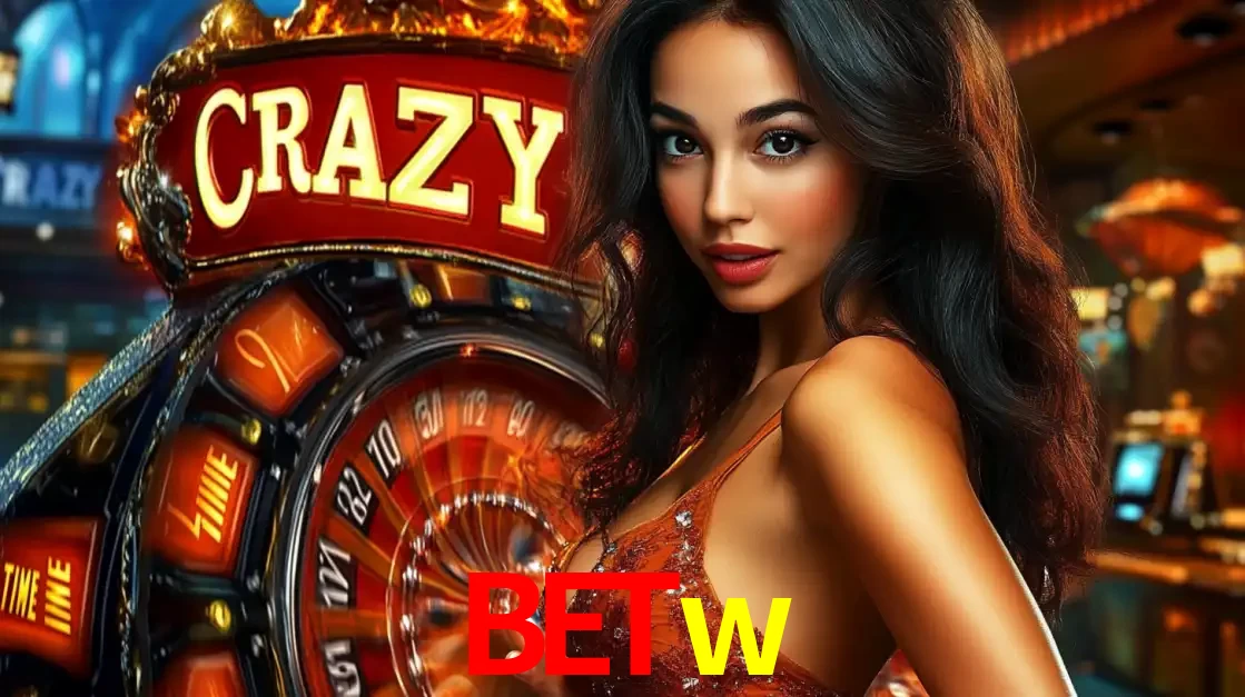 Mulher glamourosa olhando para a câmera com a roda vermelha do Crazy Time ao fundo em um ambiente de cassino, destacando a emoção dos jogos ao vivo no betw.