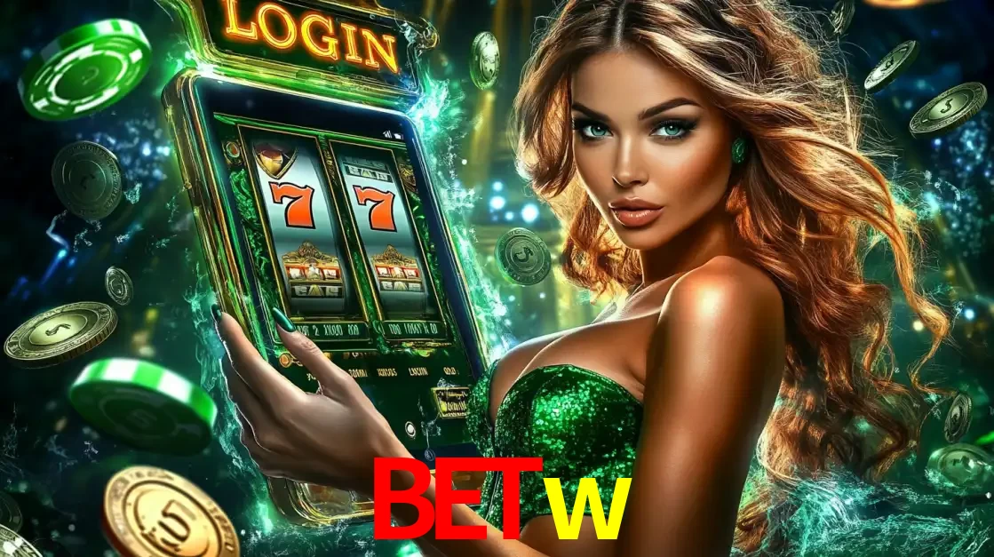 Mulher com tema verde apresentando o aplicativo do cassino betw com um jogo de slot de 777, cercada por fichas de cassino e uma aura de sorte.
