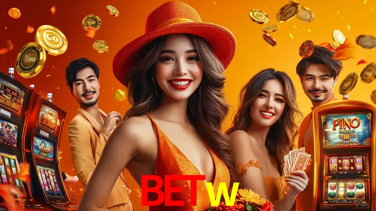 Grupo de amigos asiáticos sorrindo e se divertindo com máquinas de caça-níqueis em um ambiente festivo, celebrando suas vitórias nos jogos de cassino do betw.