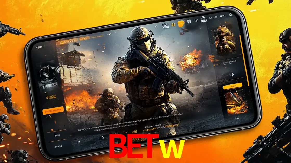 Um smartphone exibindo a interface de um jogo de tiro em primeira pessoa, com um soldado em um cenário de batalha, representando a ação dos e-sports para apostar no betw.