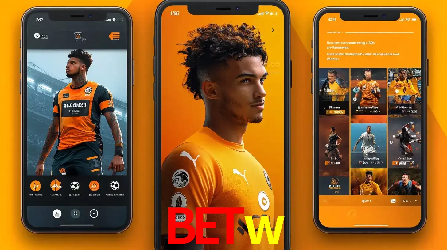 Interface do aplicativo de apostas esportivas betw em três telas de celular, mostrando o perfil de um jogador de futebol e a lista de jogos disponíveis para apostar.