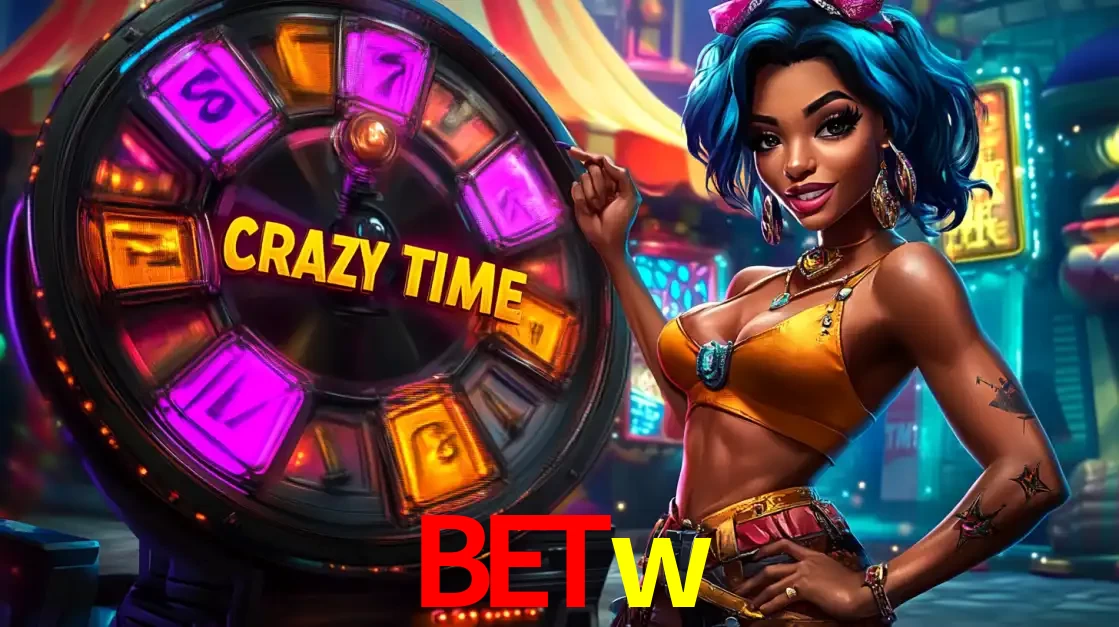 Mulher estilizada com cabelo azul e visual vibrante posando ao lado da roda de prêmios do game show Crazy Time, convidando para a diversão e os bônus do cassino betw.