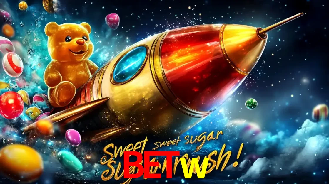 Arte promocional do jogo de slot Sugar Rush, com um urso de pelúcia em um foguete viajando pelo espaço de doces, um dos jogos divertidos disponíveis no cassino betw.