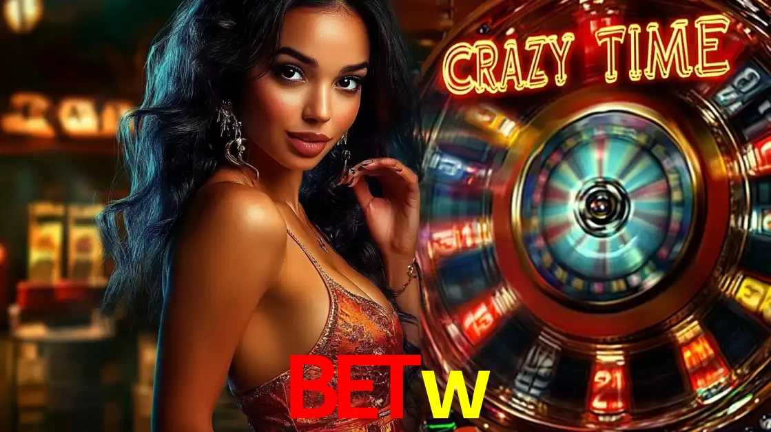 Mulher elegante ao lado da vibrante roda da fortuna do jogo de cassino ao vivo Crazy Time, um dos game shows mais populares e cheios de prêmios do betw.