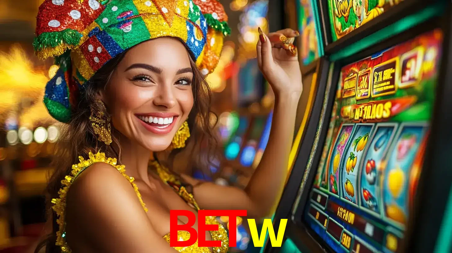 Mulher feliz com traje de carnaval amarelo e colorido ao lado de uma máquina de caça-níqueis, aproveitando a diversão e os jogos temáticos do cassino betw.