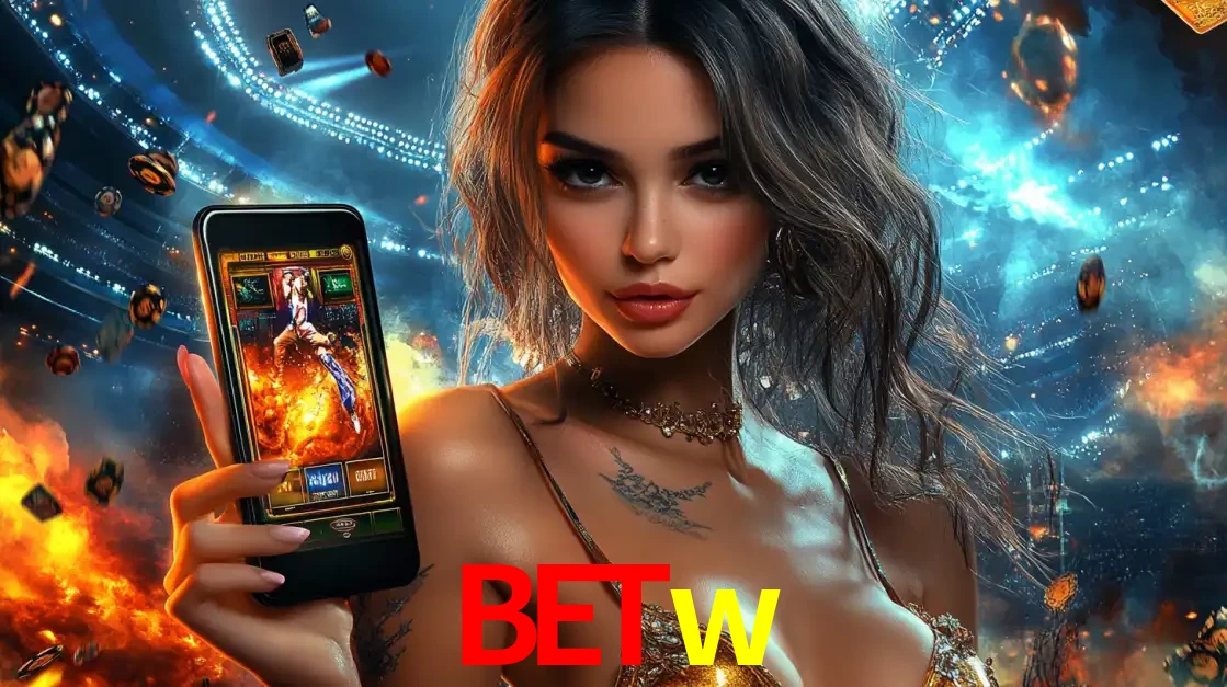 Mulher segurando um celular com um jogo de slot em destaque, tendo como fundo um estádio vibrante, simbolizando a emoção de jogar no cassino móvel betw.