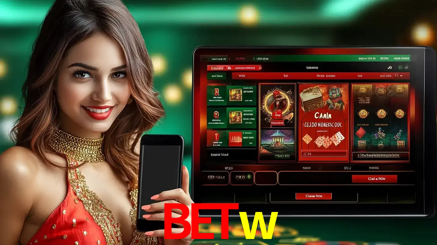 Mulher sorridente segurando um smartphone, ao lado de uma tela exibindo o lobby de jogos do cassino online betw, com várias opções de jogos de cartas e slots.